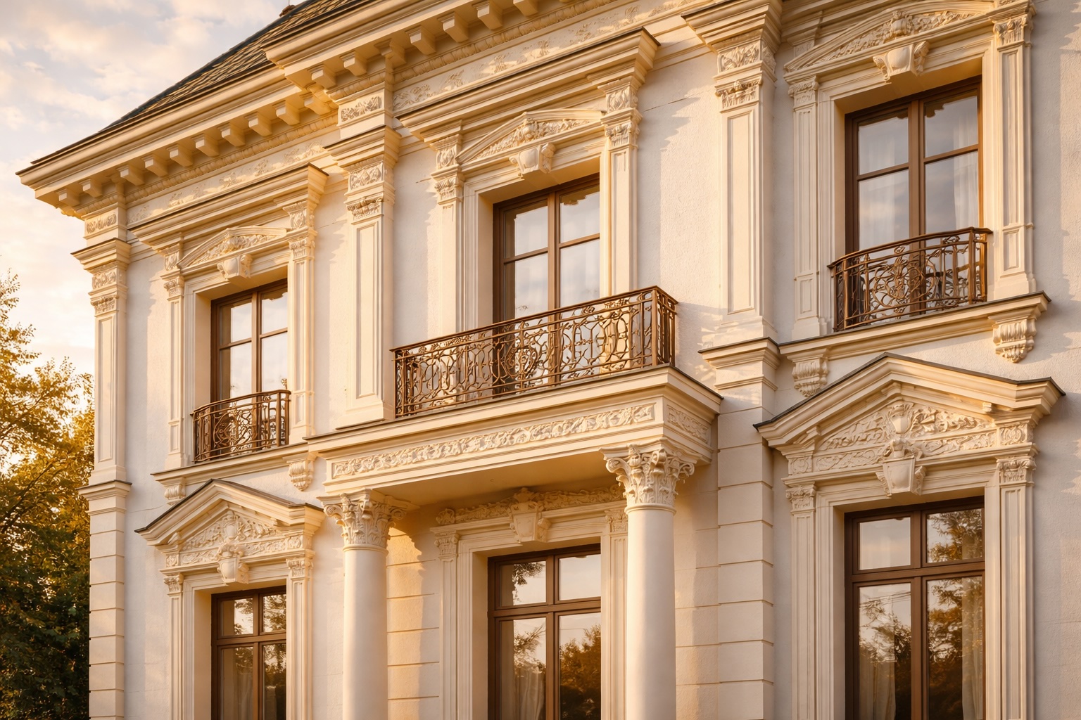 Hausfassade mit dekorativem Fassadenstuck &ndash; Gesimse, Fensterfaschen und S&auml;ulenverkleidungen